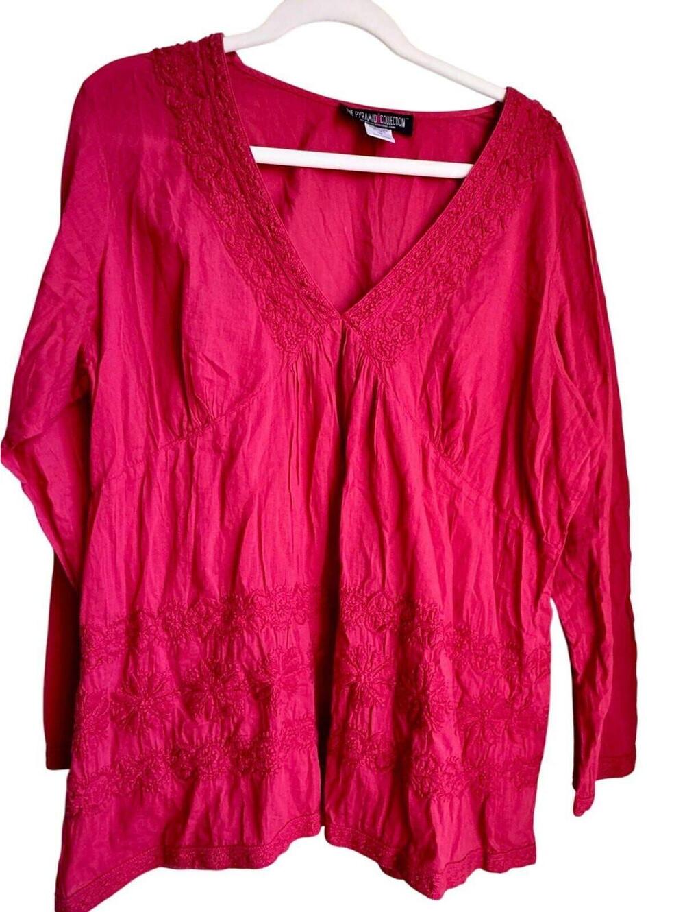 Vintage Pyramid Collection Burgundy Embroidered Tunic Top Boho Plus Size 1X